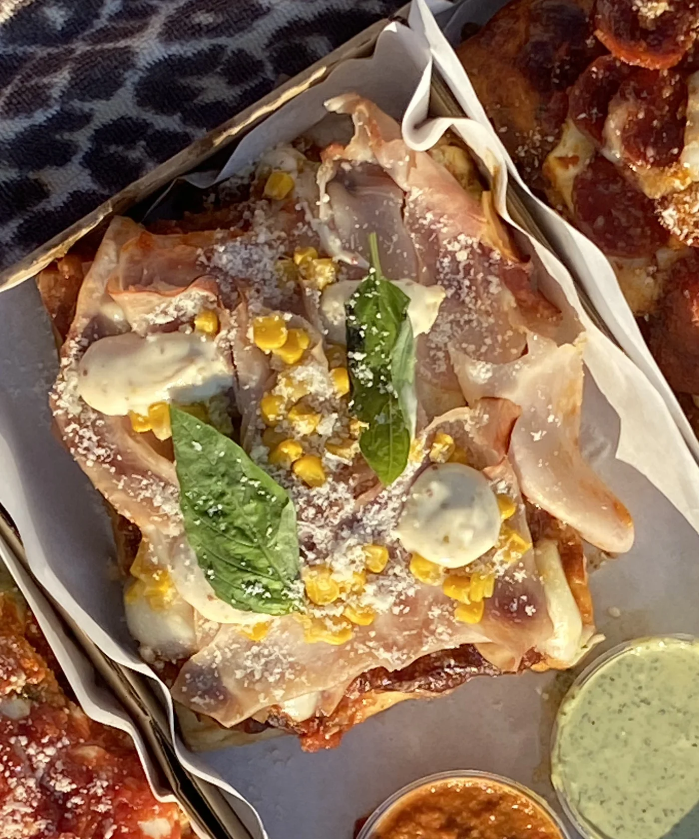 Ham & Corn Detroit Style Pizza slice